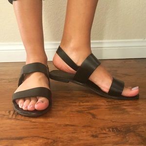 Black two strap flat sandals